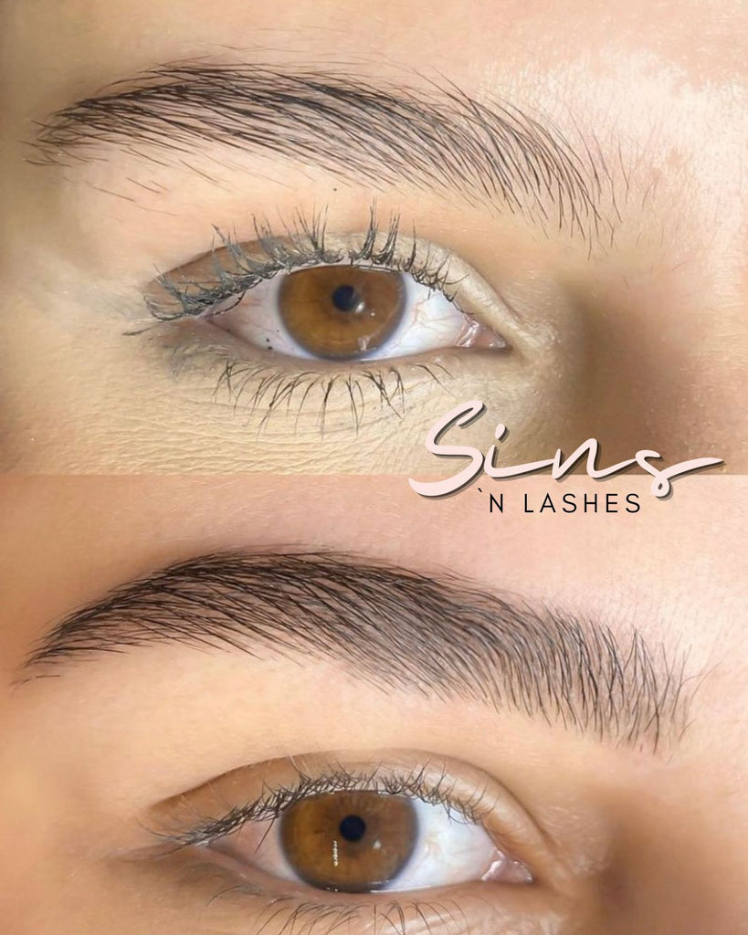 Vorher und Nacher Bild von Augenbrauen nach der benutzung des Serums